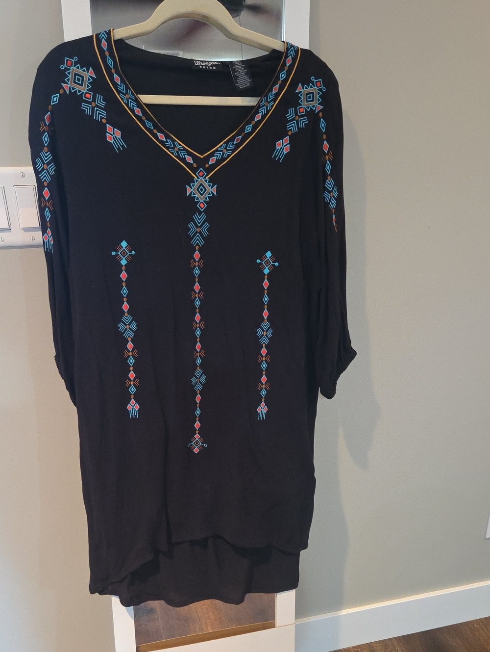 Black Embroidered WRANGLER V-Neck Women’s Dress - Blue & Coral Accents